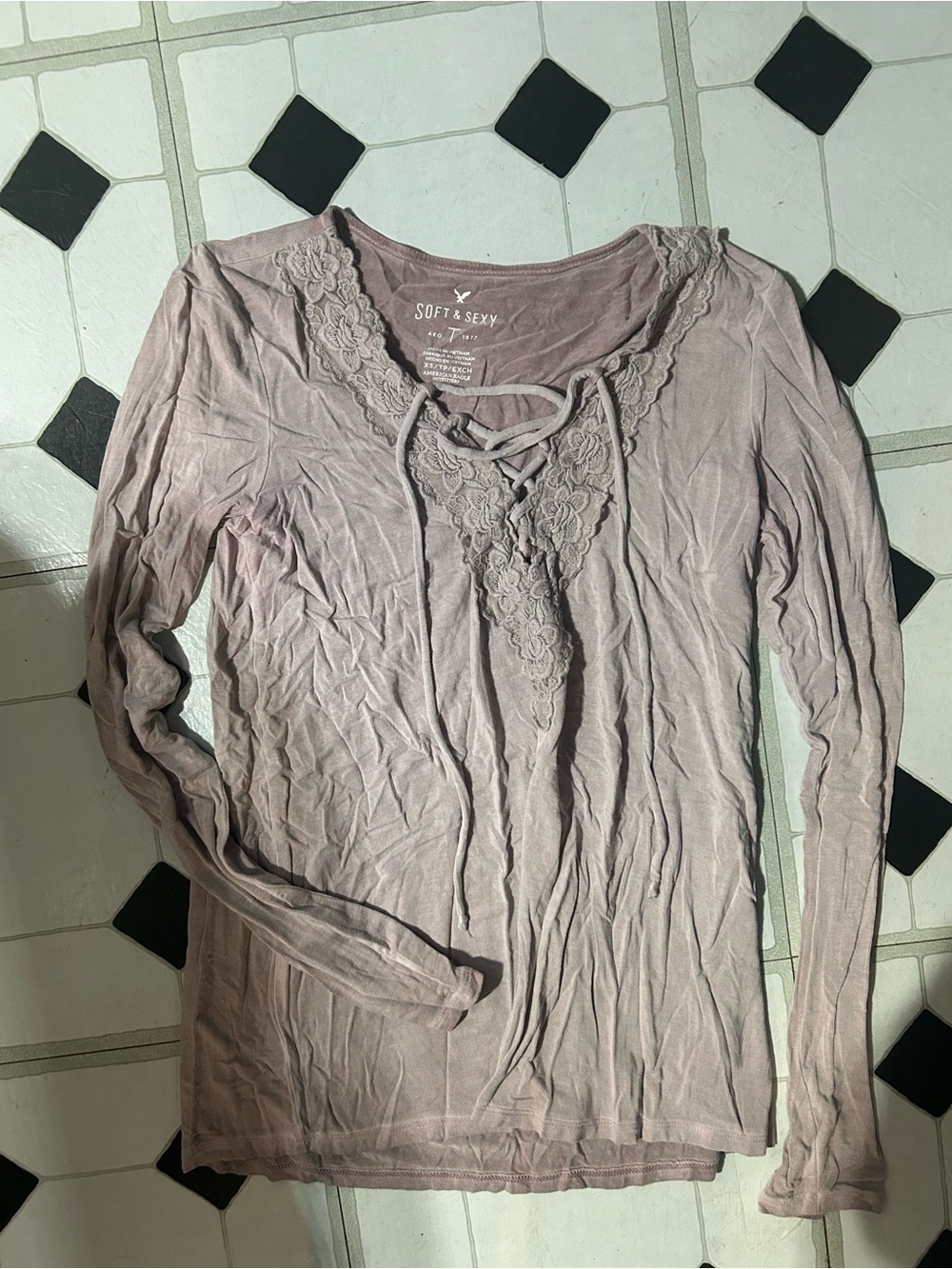 American Eagle Outfitters Dusty Rose Lace-Trim Long Sleeve Top